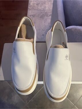 Men’s White Slip-On Loafers with Tan Trim